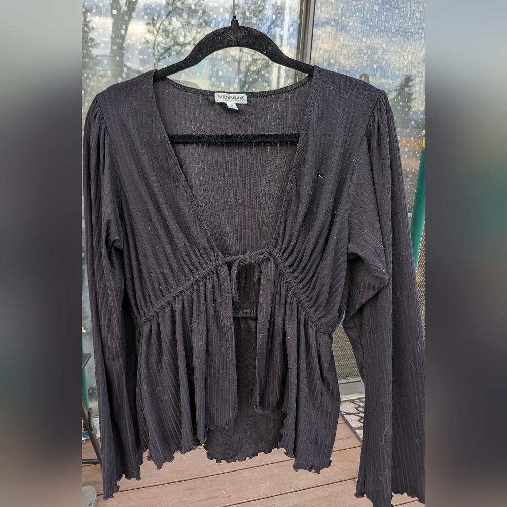 EARTHBOUND Black Ribbed Tie-Front Peplum Top